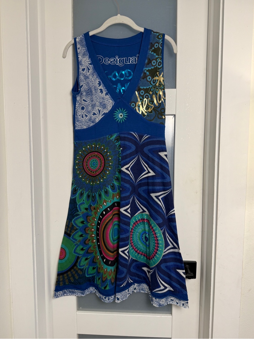 Desigual Women's Blue Medallion V-Neck Dress, Size Small